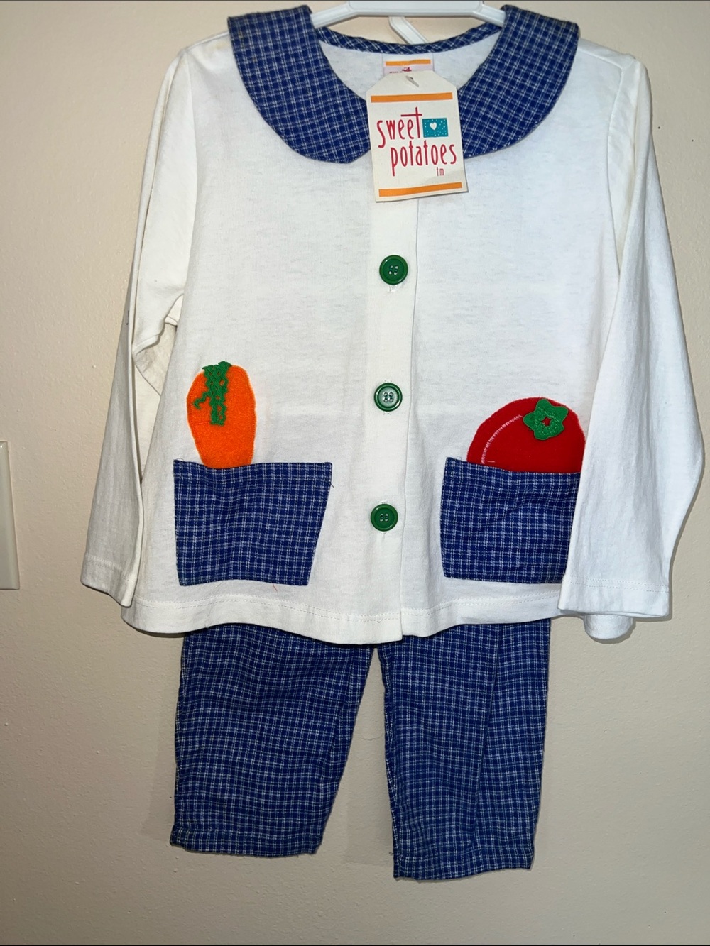 Sweet Potatoes White Top & Blue Plaid Pants Set with Veggie Pockets 4T